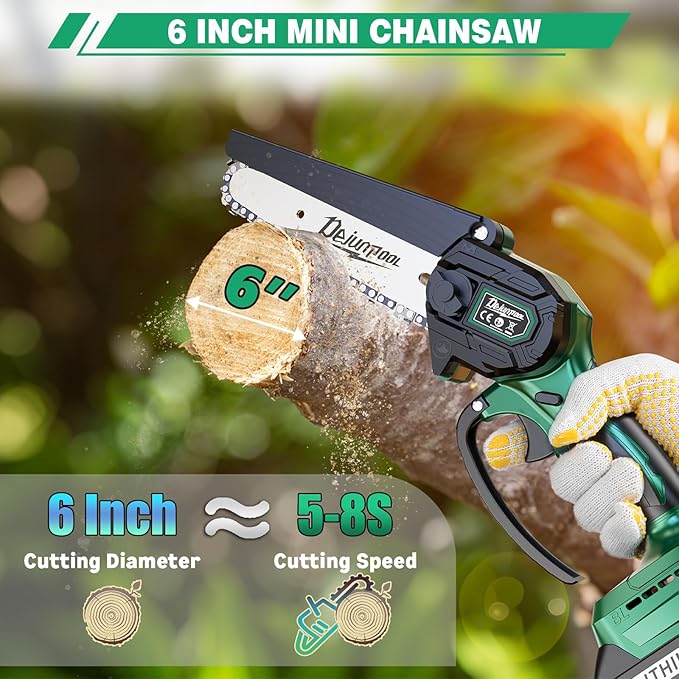 Mini Chainsaw Cordless Battery Powered, 6 Inch Small Electric Chainsaw Brushless, Handheld Pruning Chain Saw for Wood Tree Branches, 4 Chains, 2x 2500 mAh Battery, Garden Tools Christmas Gifts for Dad DEJUNPIOOL