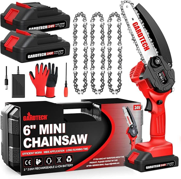 BEST Mini Chainsaw 6 Inch, Gardtech Cordless Portable Electric Chain Saw Handheld Electric Chainsaws with 2025 Upgraded 4 Chains 2 Batteries Good for Olders, DIYer, Gardeners Continuously 2 Hours Work GARDTECH