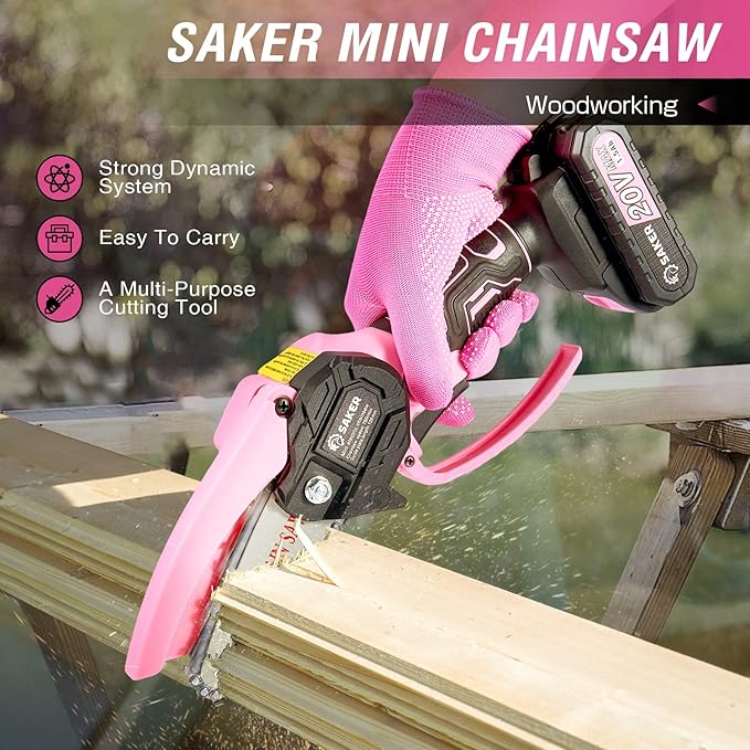 Saker Mini Chainsaw,Portable Electric Pink Mini Chainsaw Cordless,Handheld Chainsaw for Tree Branches,Courtyard, Household and Garden,By 2PCS 20V 1500mAh Batteries and 3 PCS Chains Saker