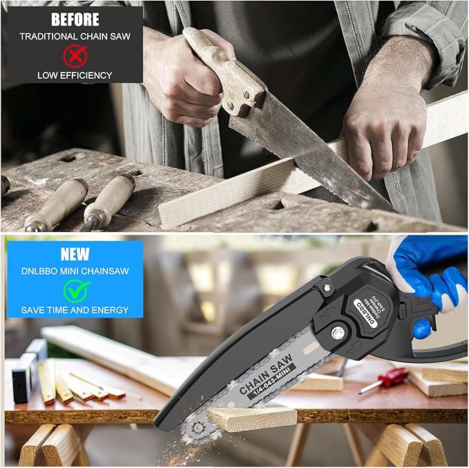 Mini Chainsaw Cordless, 6 inch Electric Chain Saw, Gardening Tool Saw for Wood/Tree Cutting, Garden & Household Use Stocking Stuffers Gift for Men Dad Husband(2 Batteries) Prime Home Tools