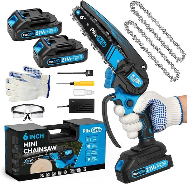 Mini Chainsaw, 6 Inch Mini Chainsaw cordless,21V with 2 Battery Powered Portable Handheld Small Chain Saw Use for Wood Cutting, Tree Trimming Handheld Saw, Home and Garden Tool (Bluce) Minichainsaw