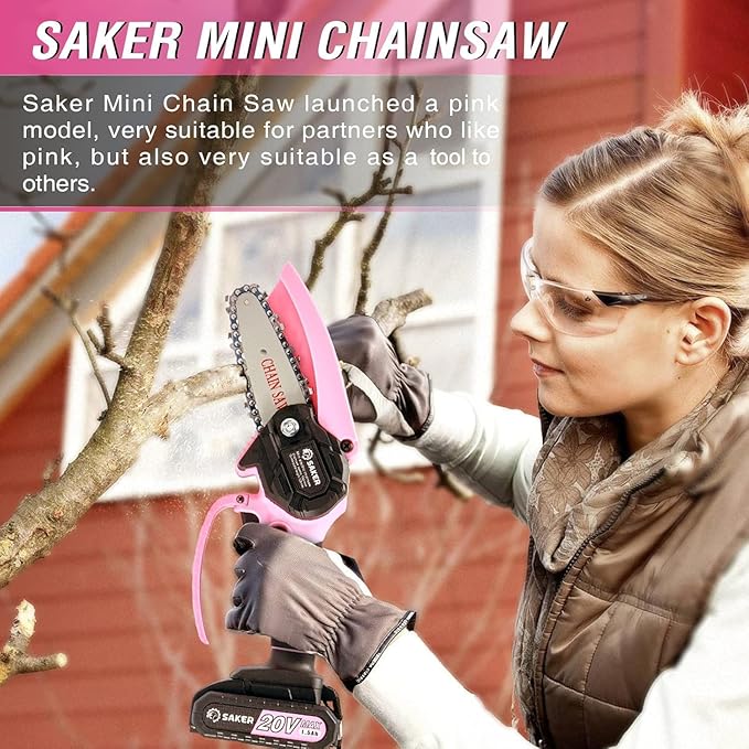 Saker Mini Chainsaw,Portable Electric Pink Mini Chainsaw Cordless,Handheld Chainsaw for Tree Branches,Courtyard, Household and Garden,By 2PCS 20V 1500mAh Batteries and 3 PCS Chains Saker