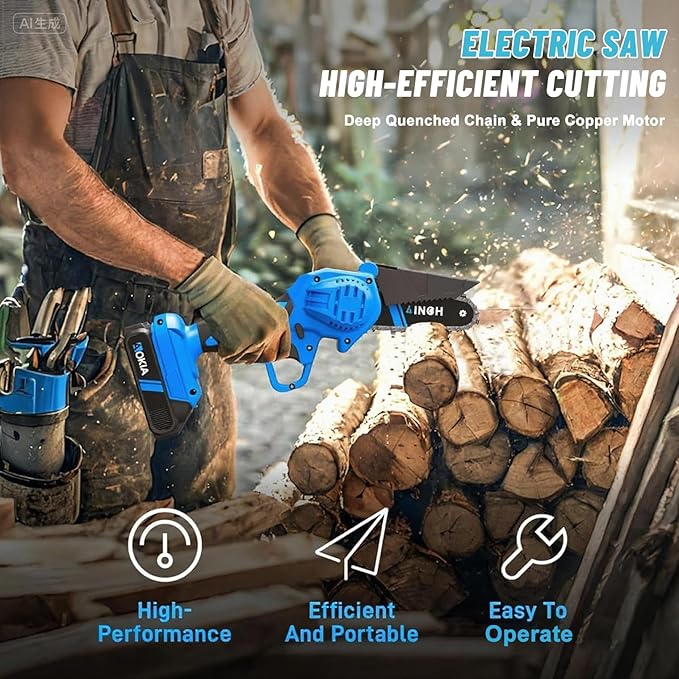 Mini Chainsaw, 4 inch Mini Chainsaw Cordless, Small Hand held Electric Power Chain Saw 1 Battery Powered Operated, Household and Garden for Tree Trimming Wood Cutting, Gifts for Father Husband Men AOKIALLC