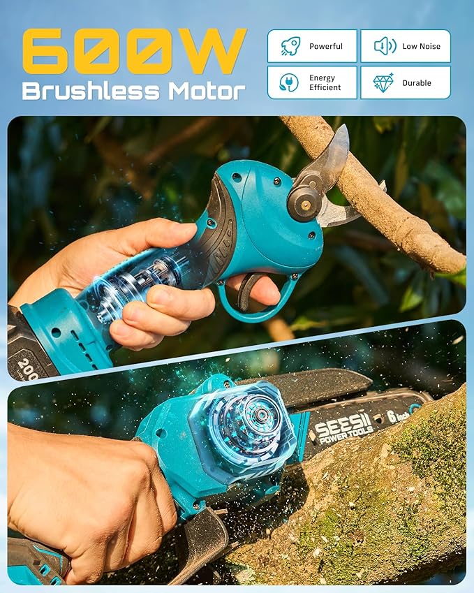 SEESII Mini Chainsaw & Electric Pruning Shears Combo, 6-inch Brushless Handheld Power Chain Saw, 1.2??Cutting Cordless Pruner for Tree Trimming, Tools Kit with 2x2000mAh Batteries, Fast Charger Seesii