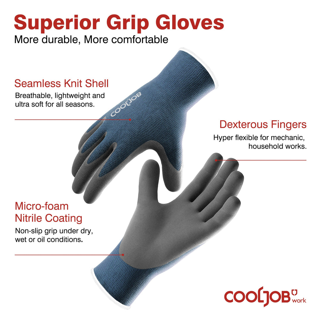 COOLJOB 6/60/120 Pairs Micro-Foam Nitrile Safety Work Garden Gloves with Touchscreen Fingers COOLJOB