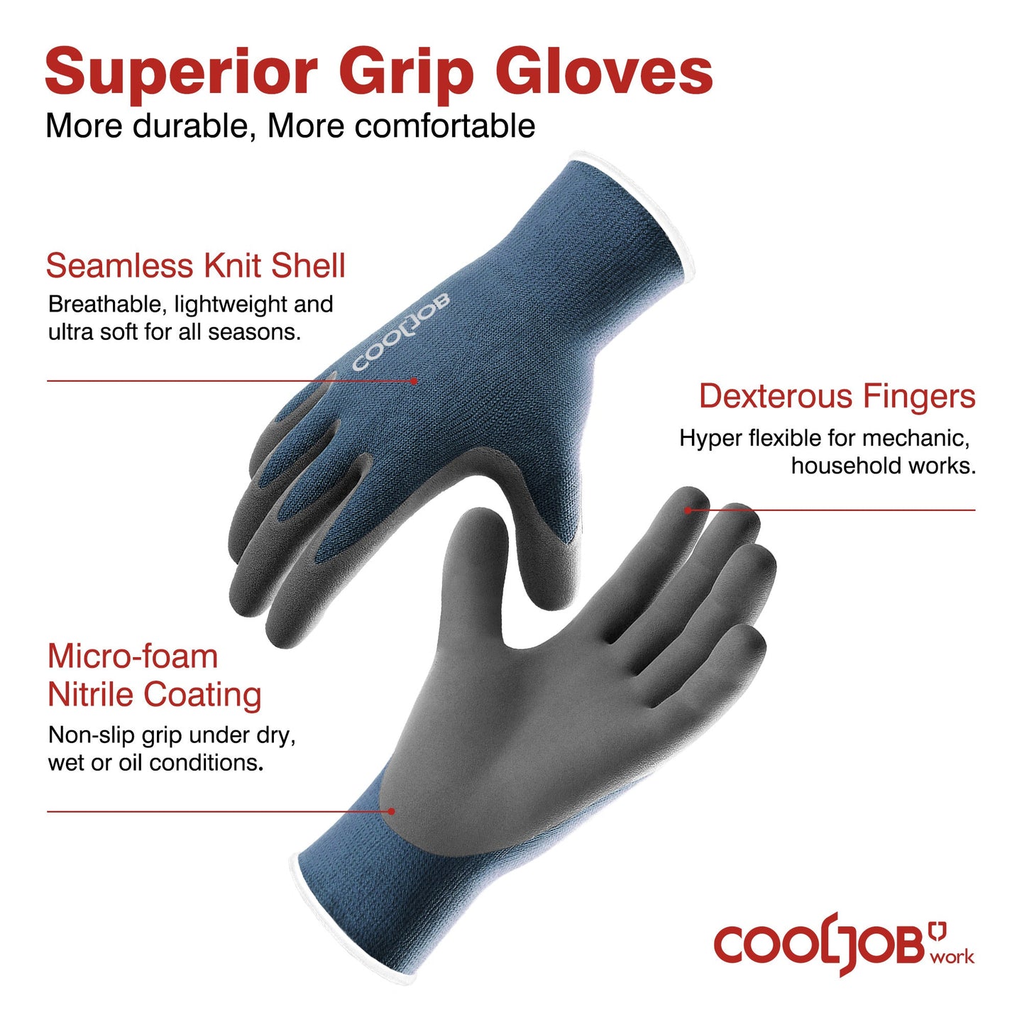 COOLJOB 6/60/120 Pairs Micro-Foam Nitrile Safety Work Garden Gloves with Touchscreen Fingers COOLJOB