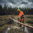 Man clearing storm-damaged fallen trees in Scandinavian forest with MIP6800 58cc powerful gas chainsaw-minisawpro