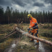 Man clearing storm-damaged fallen trees in Scandinavian forest with MIP6800 58cc powerful gas chainsaw-minisawpro