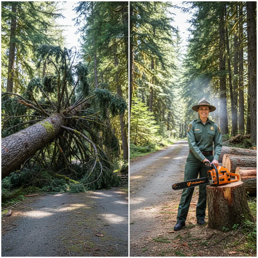 Before and after with MIP900 59cc professional gas chainsaw – fallen tree blocking forest road vs cleared path with cut logs