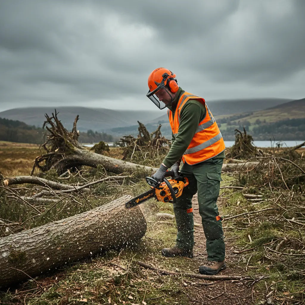 British forest ranger clearing storm-fallen trees on Lake District woodland trail with 2J00 25.4cc gas chainsaw-minisawpro