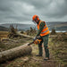 British forest ranger clearing storm-fallen trees on Lake District woodland trail with 2J00 25.4cc gas chainsaw-minisawpro