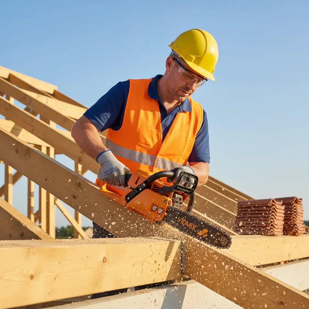 Construction worker cutting roof trusses on residential building site with MIP2J00 25.4cc compact gas chainsaw-minisawpro