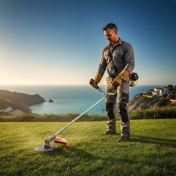 Athletic man maintaining coastal cliff lawn in Spain with GX3G 35cc 4-stroke fuel-efficient gas grass trimmer-minisawpro
