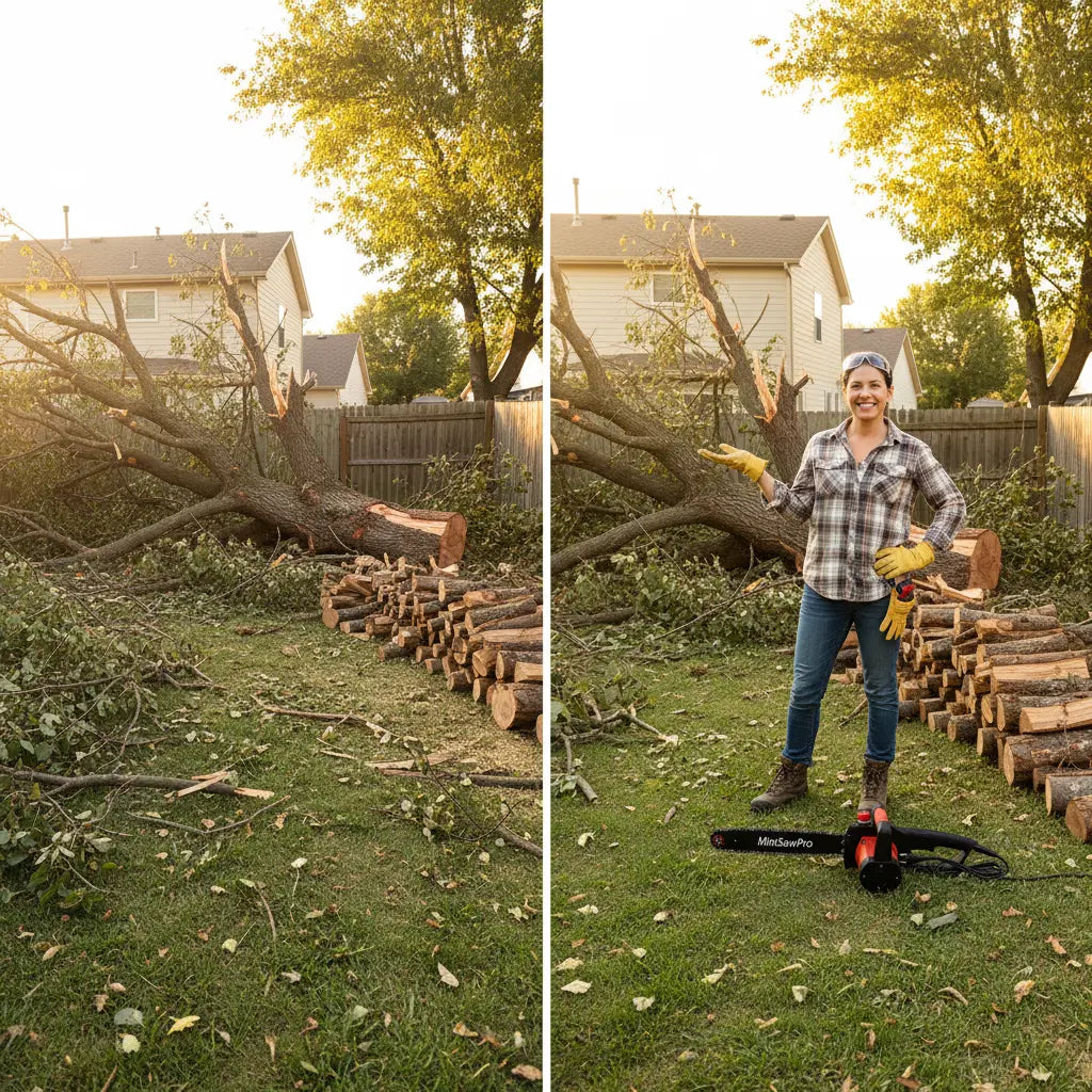 Before and after with MiniSawPro S582E corded electric chainsaw – storm-damaged fallen tree vs cleared yard with stacked logs