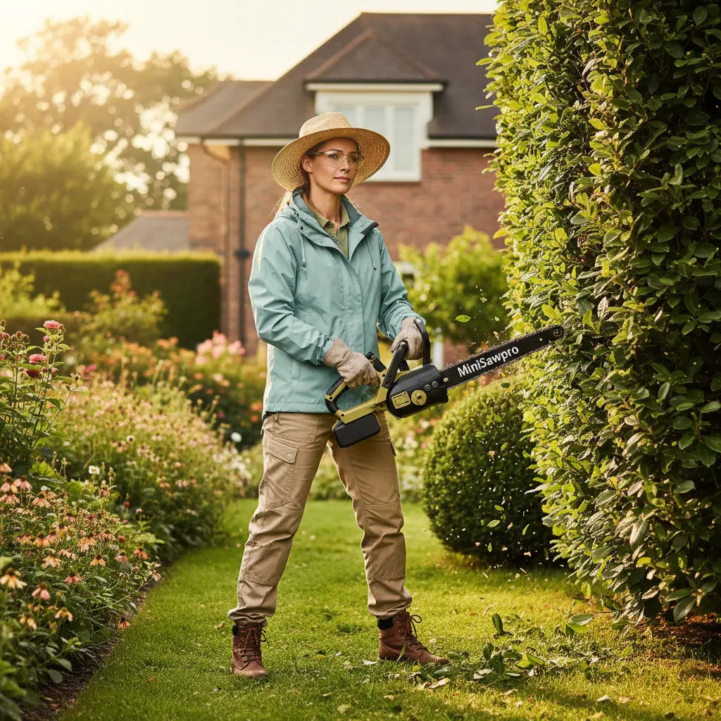 Woman trimming garden hedges with MiniSawPro M12 cordless mini chainsaw – lightweight pruning saw for home use