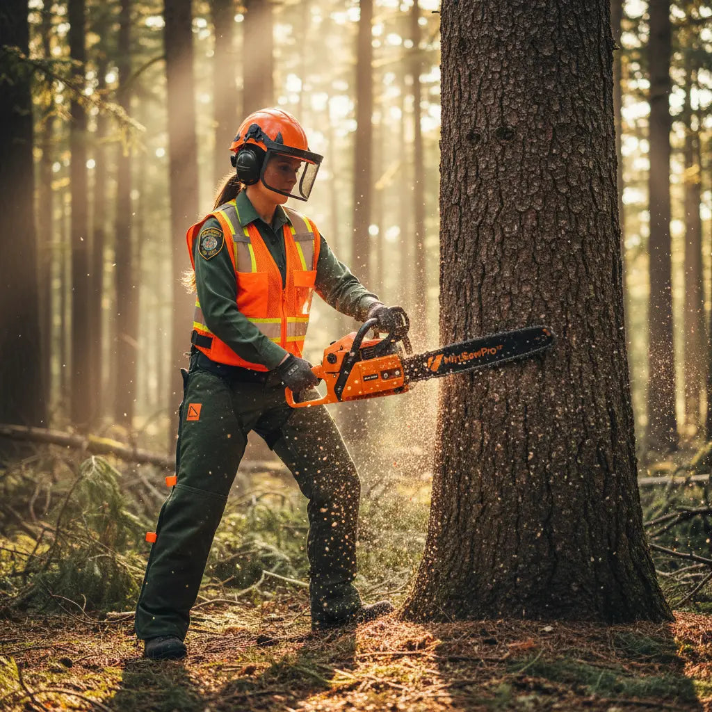 Female forest ranger felling large pine tree in Pacific Northwest forest with MIP900 59cc professional gas chainsaw