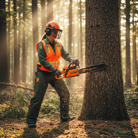Female forest ranger felling large pine tree in Pacific Northwest forest with MIP900 59cc professional gas chainsaw
