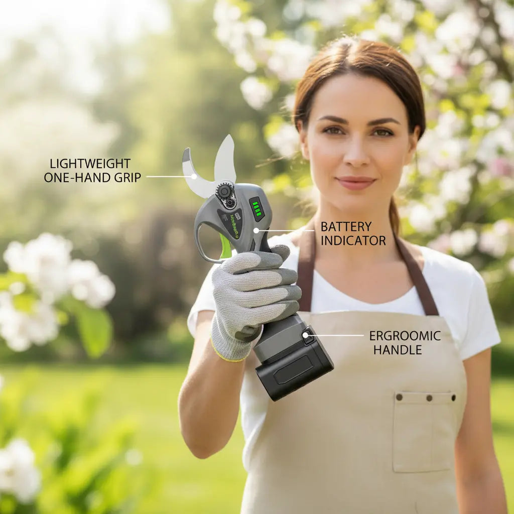 A5-MINISAWPRO electric pruning shears one-hand ergonomic grip with battery indicator – lightweight cordless garden pruner
