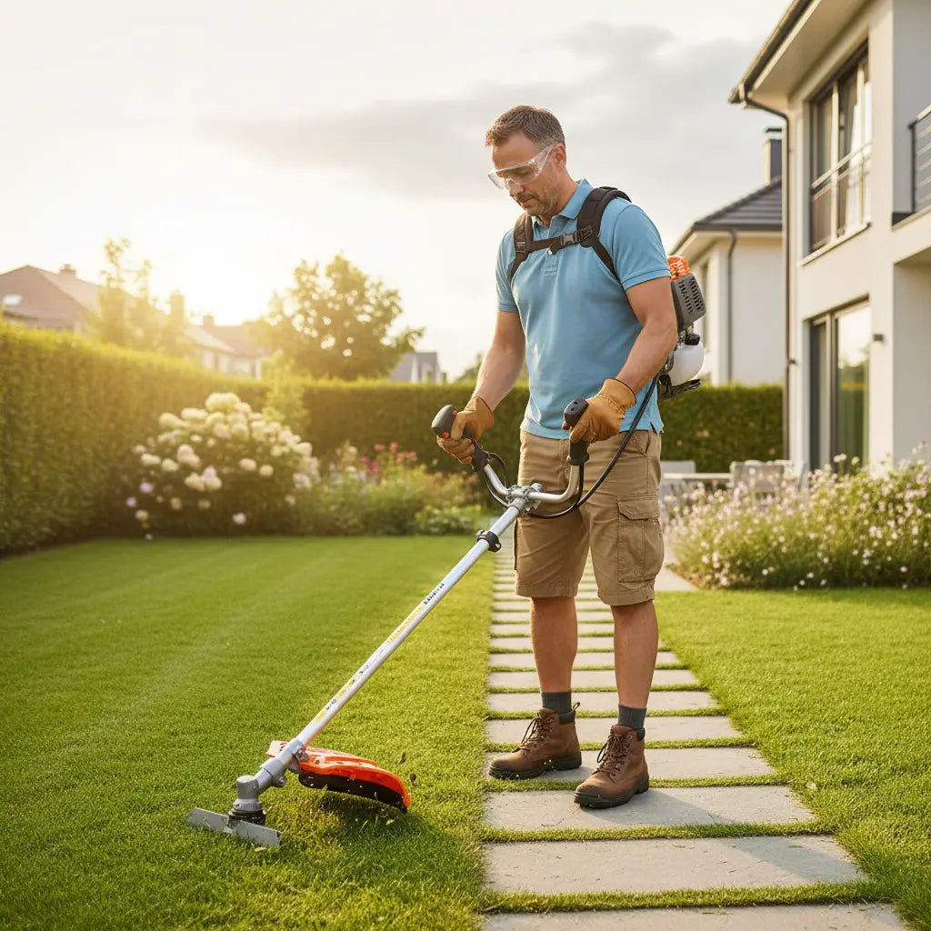 Man trimming garden path edges with MIP1399 35.8cc 4-stroke gas grass trimmer – quiet home lawn tool-minisawpro