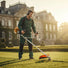 Professional landscaper maintaining European manor estate grounds with CLA220 52cc 2-stroke heavy-duty gas grass trimmer-minisawpro