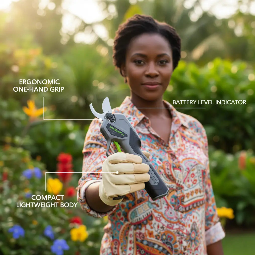 A3-MINISAWPRO electric pruning shears ergonomic one-hand grip with battery indicator – ultra-lightweight cordless garden pruner
