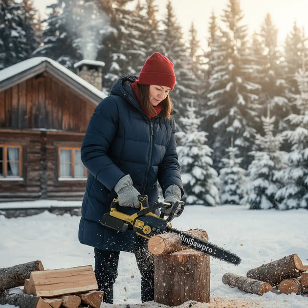 Woman cutting firewood near snowy cabin in winter with MiniSawPro M12 cordless pruning chainsaw