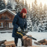 Woman cutting firewood near snowy cabin in winter with MiniSawPro M12 cordless pruning chainsaw