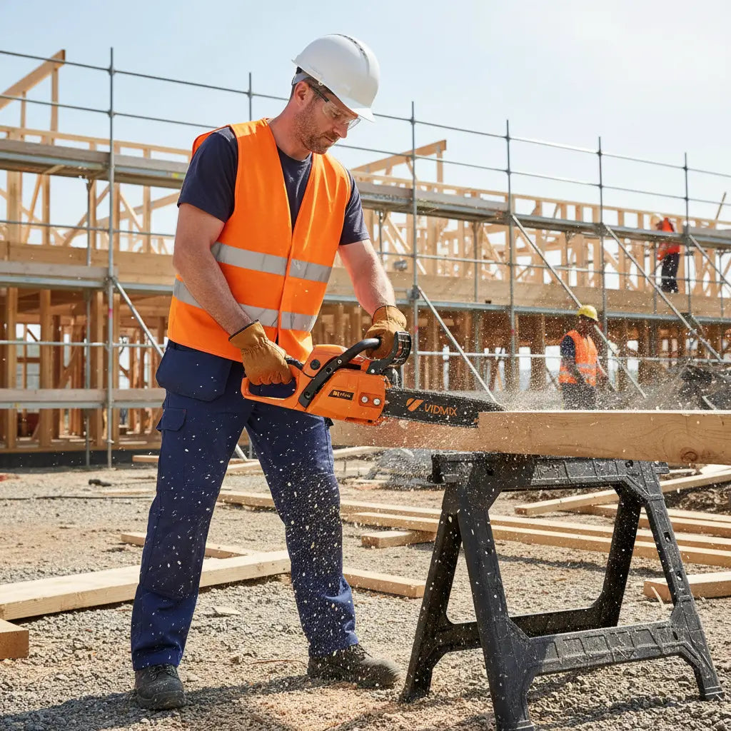 Construction worker cutting wooden beams on building site with MIP2J00 25.4cc powerful compact gas chainsaw-minisawpro