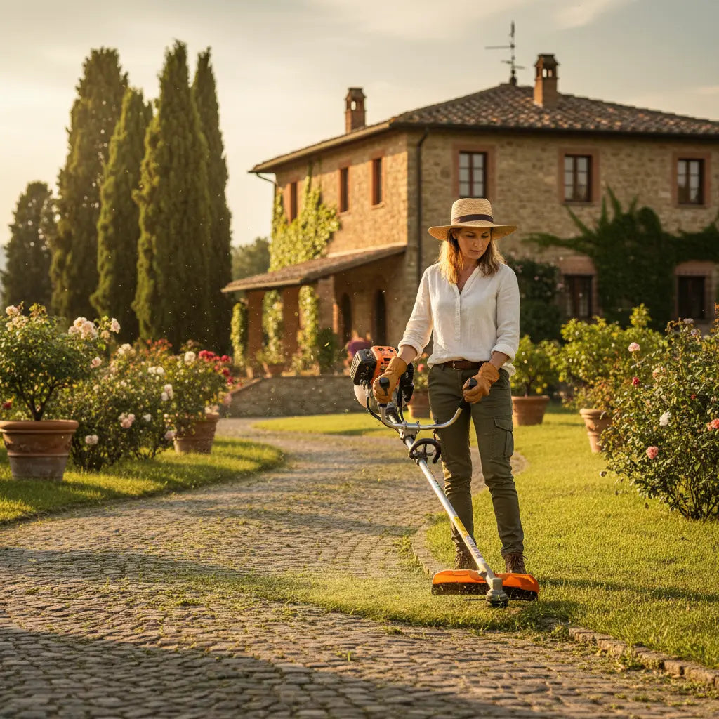 Woman trimming cobblestone path grass in Tuscan villa garden with CLA200 35cc 4-stroke gas grass trimmer-minisawpro