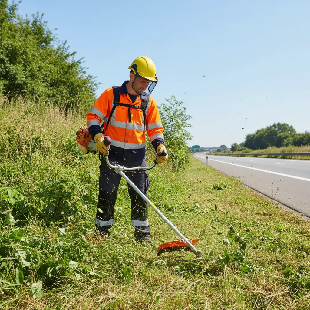 Professional landscaper clearing highway roadside embankment with CLA220 52cc 2-stroke heavy-duty gas grass trimmer-minisawpro