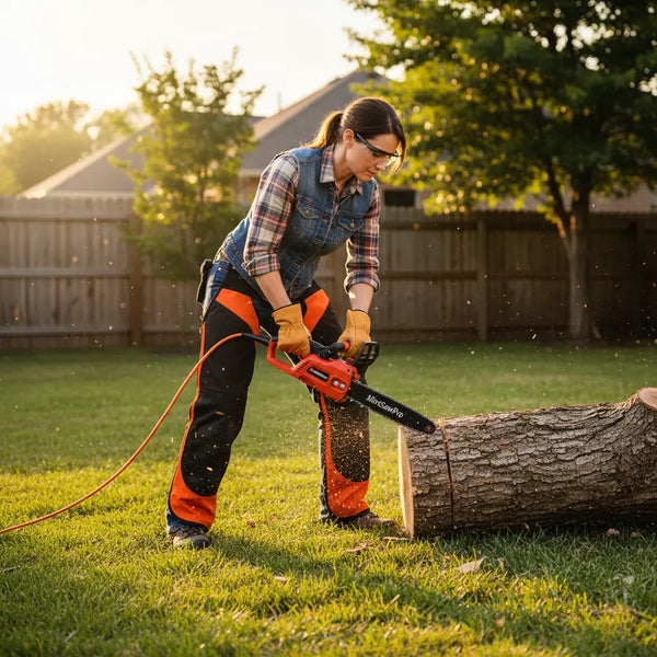 American woman cutting fallen oak log in suburban backyard with MiniSawPro S582E corded electric chainsaw and power cord