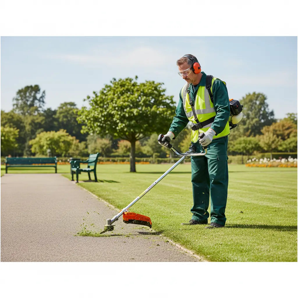 Professional landscaper trimming public park pathway edges with CLA220 52cc 2-stroke heavy-duty gas grass trimmer-minisawpro