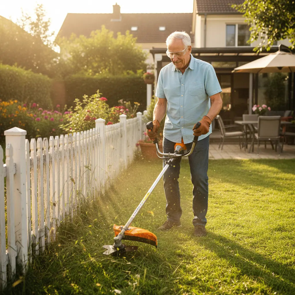 Elderly man trimming garden fence grass with MIP2J11 52cc 2-stroke high-power gas grass trimmer – yard tool-minisawpro
