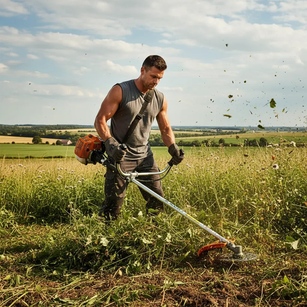 Athletic man clearing overgrown weeds on rural property with GX3G 35cc 4-stroke fuel-efficient gas grass trimmer-minisawpro