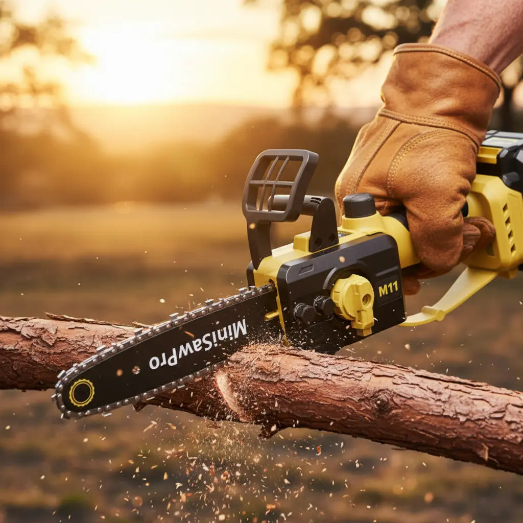 M11 mini lithium chainsaw sharp chain close-up cutting thick branch at farm field edge – compact cordless pruning saw-minisawpro