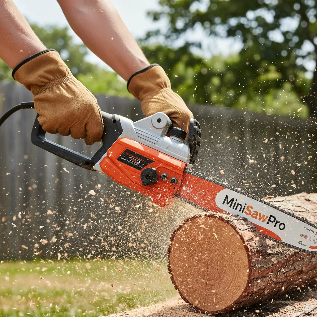 MiniSawPro S580E corded electric chainsaw sharp chain cutting hardwood log close-up – 16-inch bar 58V wood cutting