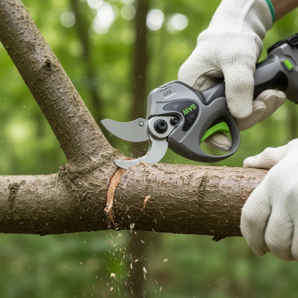 A6-MINISAWPRO electric pruning shears sharp blade close-up cutting thick tree branch – professional cordless pruner