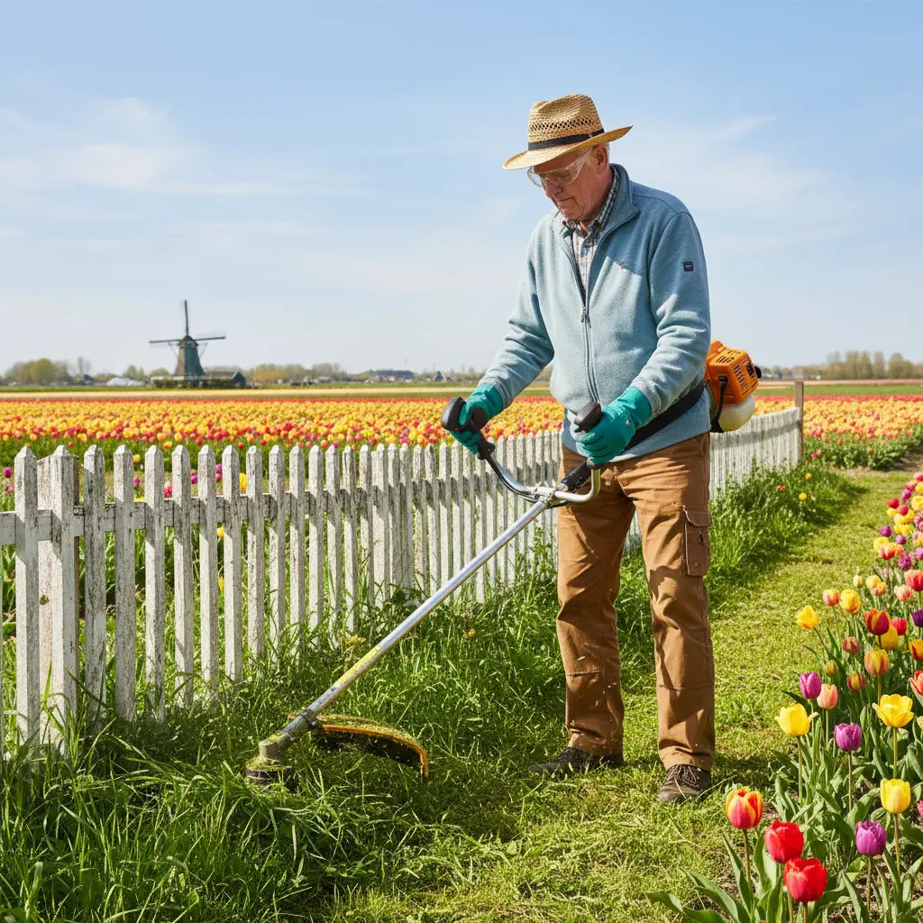 Elderly man trimming garden fence grass in Dutch countryside with J66 41.6cc 2-stroke mid-power gas trimmer-minisawpro