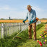 Elderly man trimming garden fence grass in Dutch countryside with J66 41.6cc 2-stroke mid-power gas trimmer-minisawpro