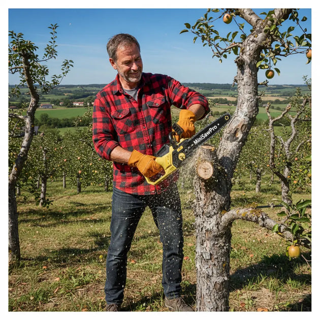 Man pruning apple orchard in French countryside with MiniSawPro M13 professional cordless chainsaw