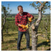 Man pruning apple orchard in French countryside with MiniSawPro M13 professional cordless chainsaw