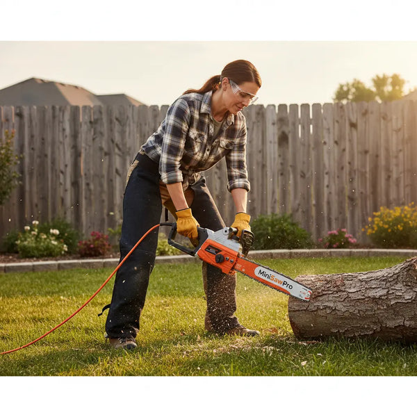 American woman cutting fallen tree in suburban backyard with MiniSawPro S580E corded electric chainsaw and orange power cord