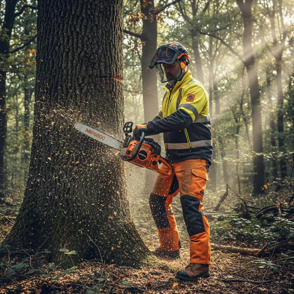 Professional forester felling large oak tree in dense forest with MIP6800 58cc heavy-duty gas chainsaw-minisawpro