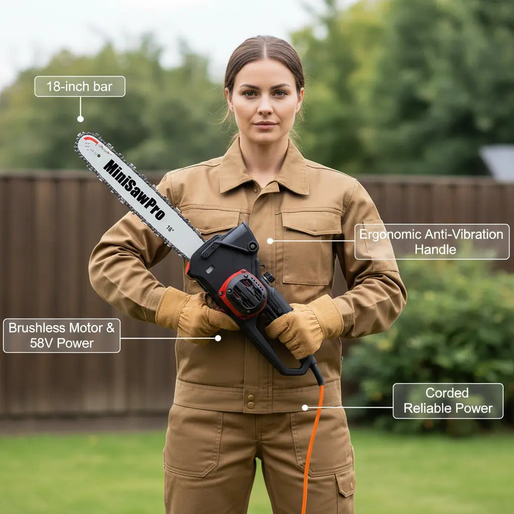 MiniSawPro S581E corded electric chainsaw 18-inch bar brushless motor anti-vibration handle – reliable corded power saw