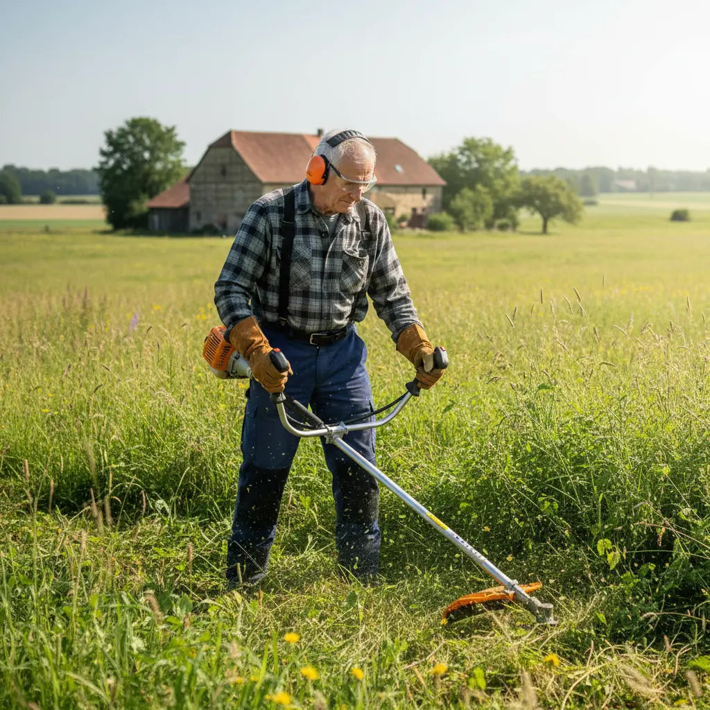 Elderly man clearing thick weeds on German countryside farm with MIP2J11 52cc 2-stroke gas grass trimmer-minisawpro