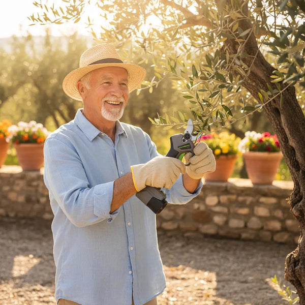 Elderly European man pruning olive tree in Mediterranean garden with A4-MINISAWPRO cordless electric pruning shears