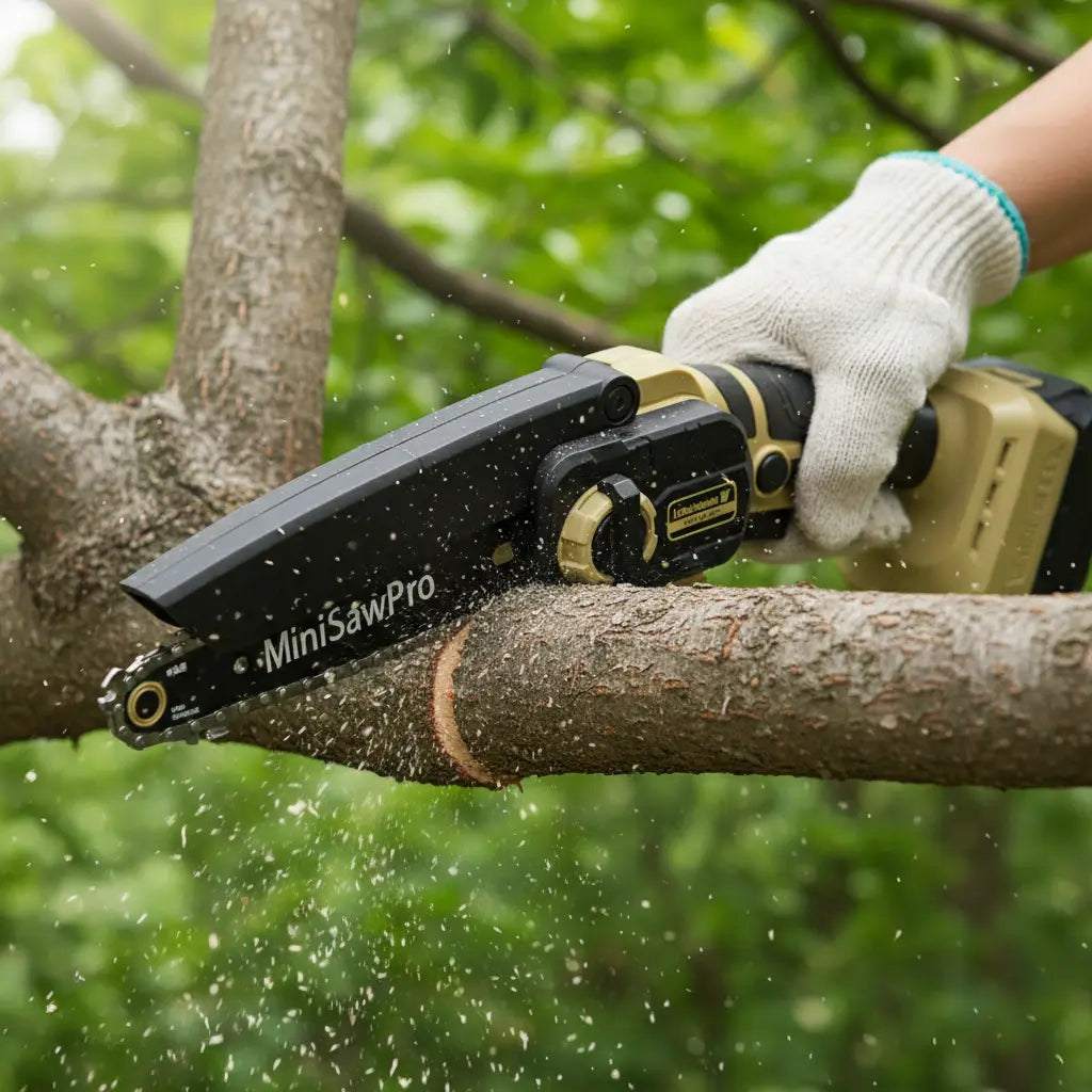 M9 mini lithium chainsaw sharp chain close-up cutting tree branch – compact cordless one-hand pruning saw precision cuti-minisawpro