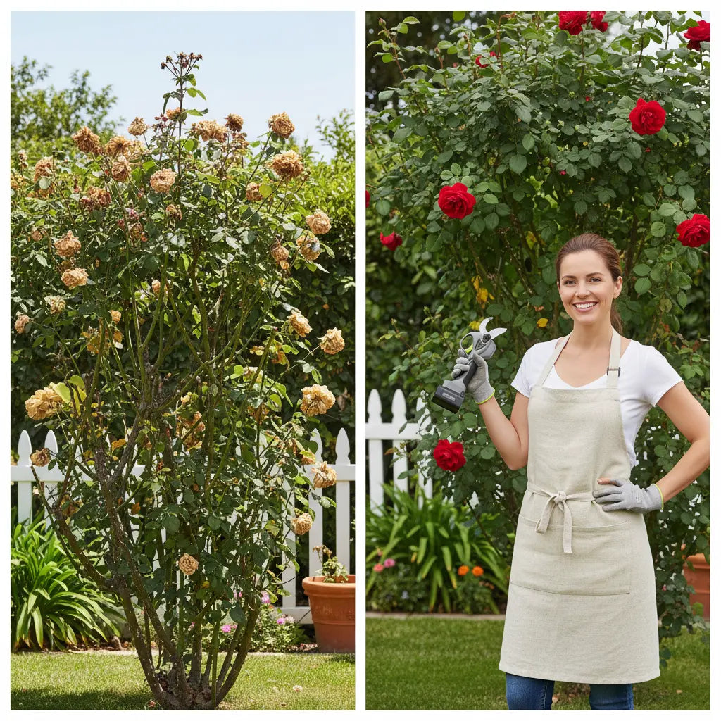 Before and after pruning with A5-MINISAWPRO cordless electric shears – overgrown vs neatly trimmed rose bush