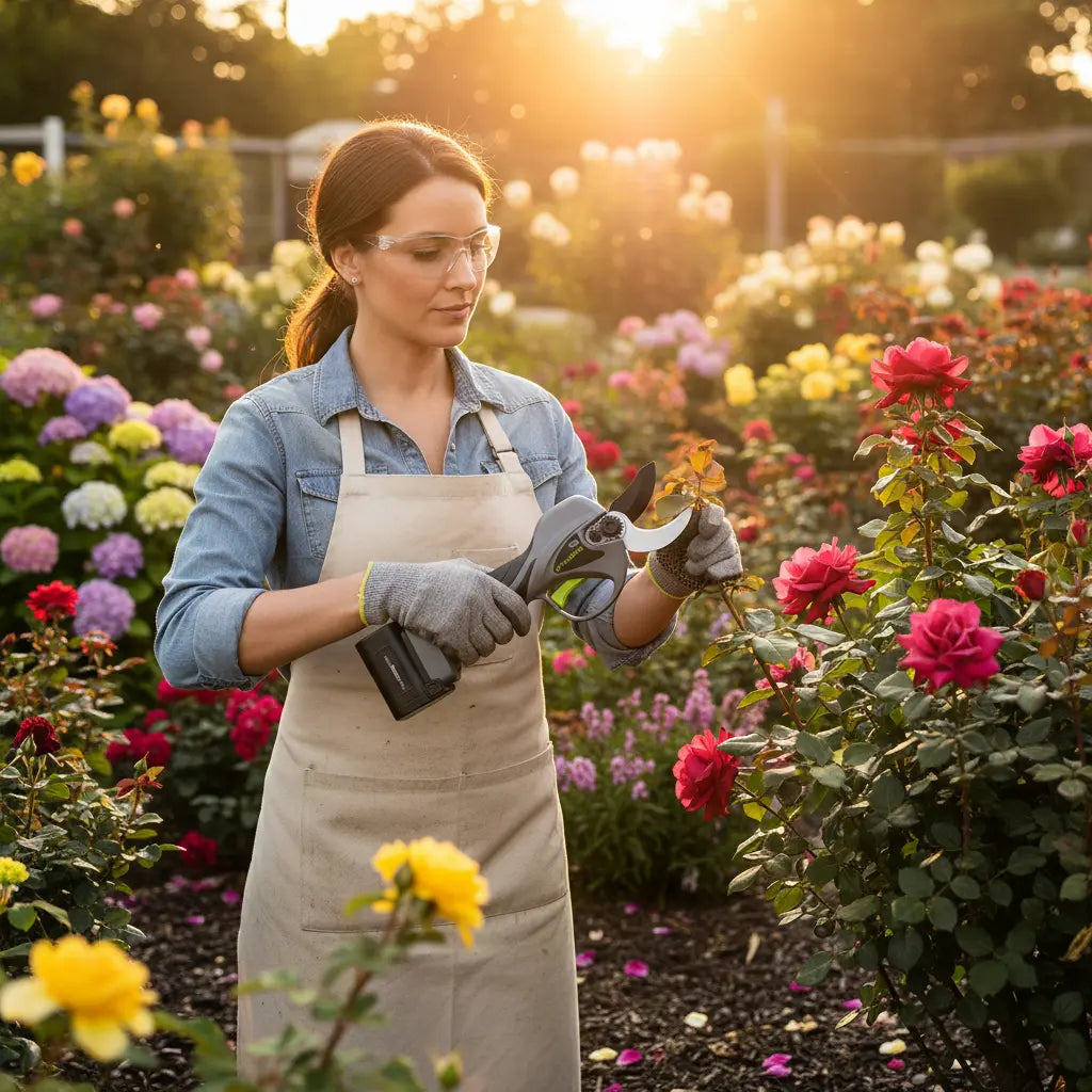 American woman pruning rose bushes in California garden with A5-MINISAWPRO cordless electric pruning shears