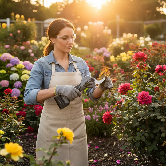 American woman pruning rose bushes in California garden with A5-MINISAWPRO cordless electric pruning shears